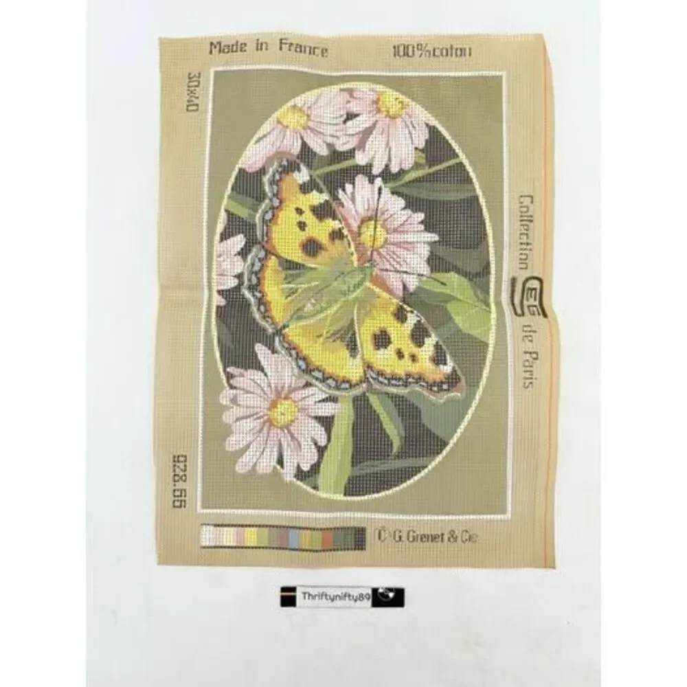 Vintage Butterfly And Flowers 928.66 Needlework Canvas Coton Tapestry.